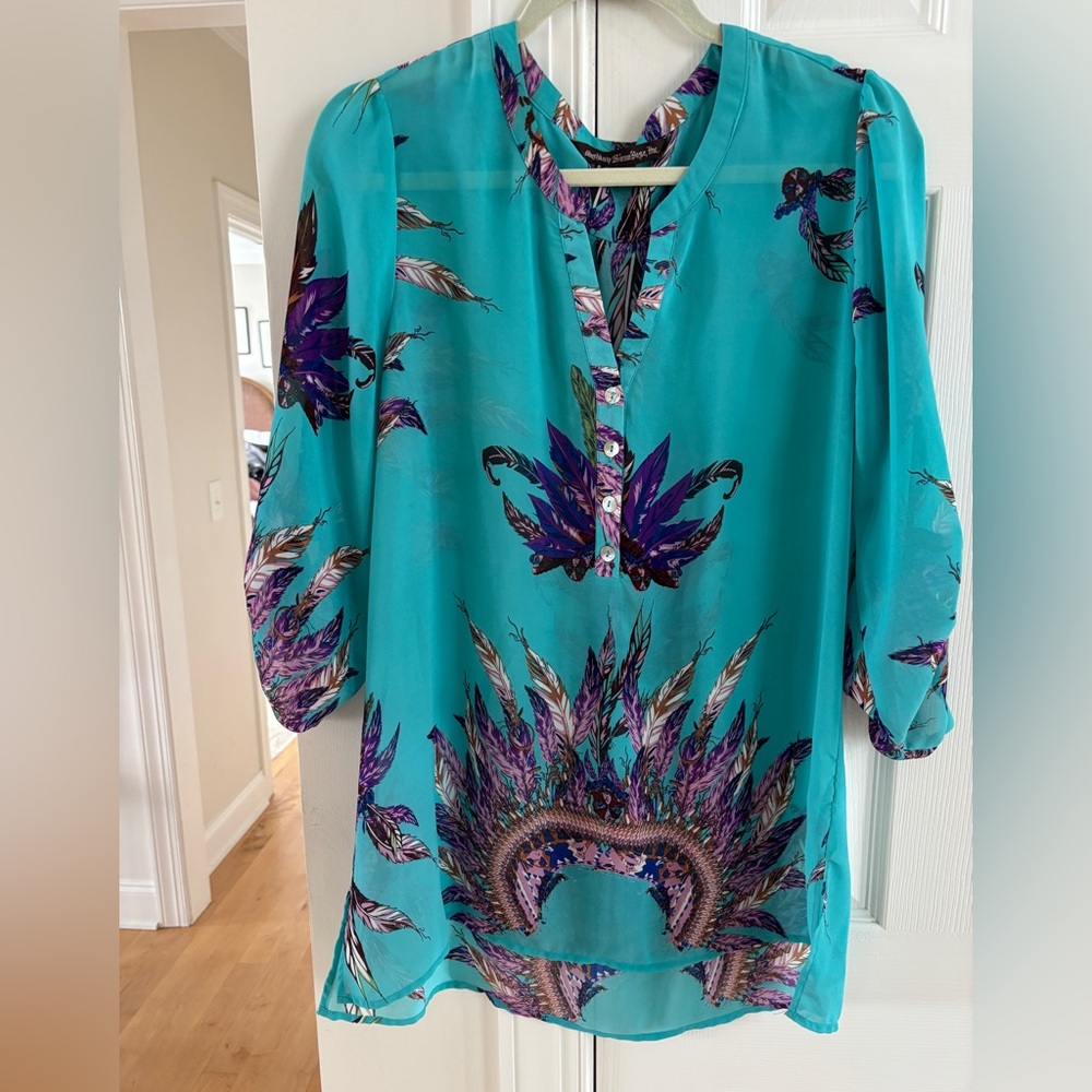 Turquoise Feather Print Women's Top